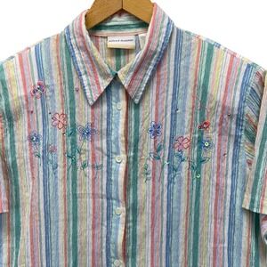 Alfred Dunner Button Down Shirt Womens 20W Multicolor Striped Floral Embroidered